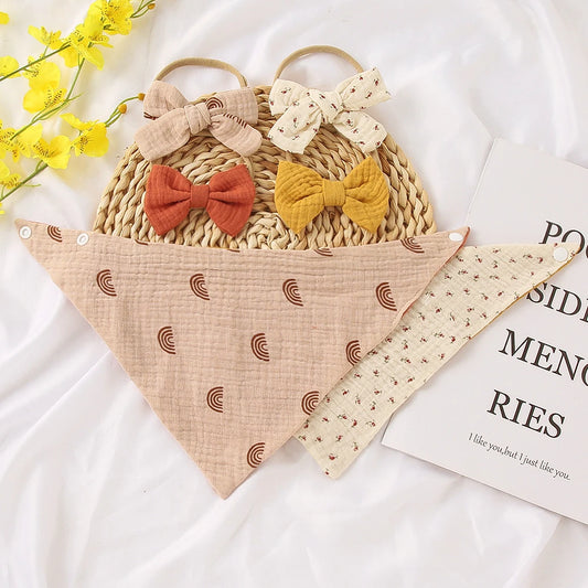 3-Piece Muslin Cotton Baby Bib and Bow Headband Set - Adjustable Triangle Saliva Towel for Infants and Toddlers