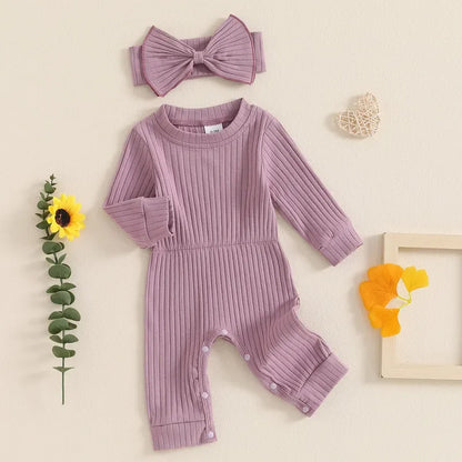 Adorable Baby Girl Ribbed Jumpsuit with Headband - Long Sleeve Romper for Newborns (0-18 Months)