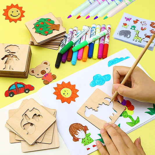20-Piece Montessori Drawing Stencil Set for Kids - Wooden DIY Craft Tools for Artistic Creativity
