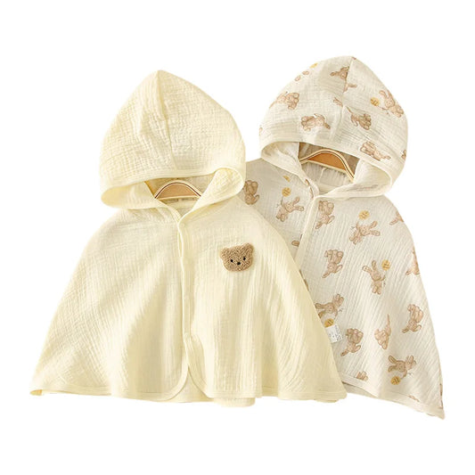 Adorable Summer Baby Hooded Cloak with Cute Bear and Bunny Print - Breathable Muslin Sun Protection Coat for Boys and Girls