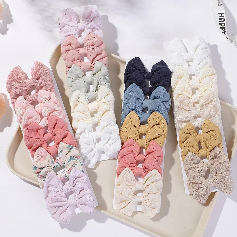 10-Piece Handmade Baby Hair Bows Set with Cotton Embroidery Clips for Girls