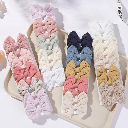 10-Piece Handmade Baby Hair Bows Set with Cotton Embroidery Clips for Girls
