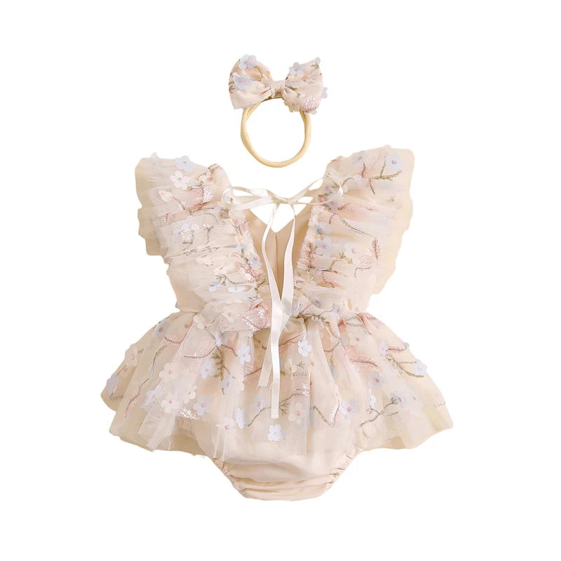 Summer Floral Embroidered Baby Girl Romper Dress Set with Tulle Skirt and Bowknot Headband