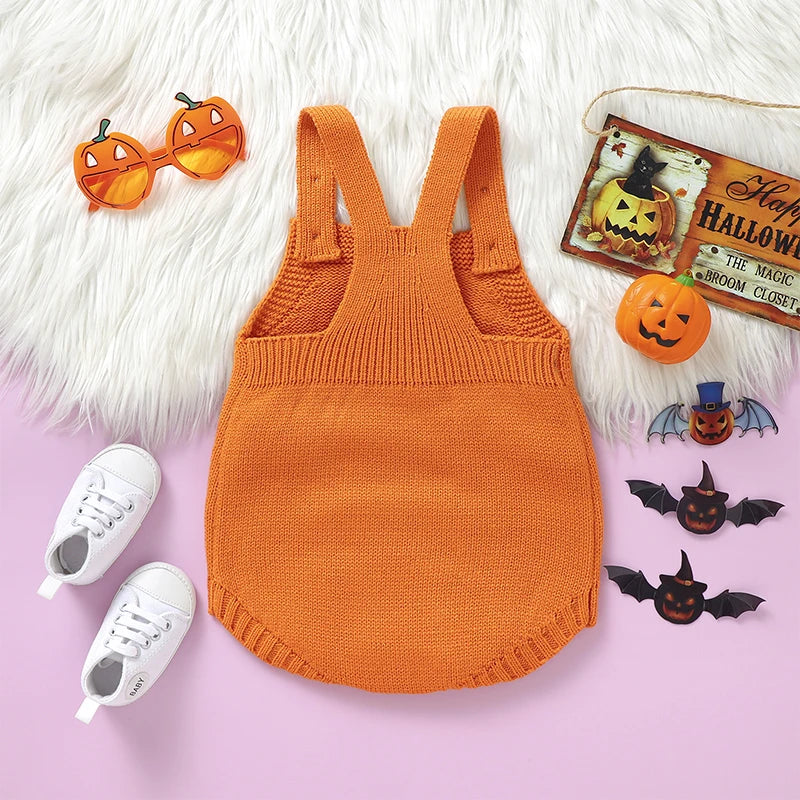 Adorable Unisex Baby Knit Romper with Pumpkin Embroidery for Halloween - Perfect Gift for Newborns