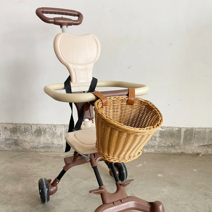 Kids Bike Scooter Front Storage Basket - Handmade Waterproof Woven Rattan Detachable Bag