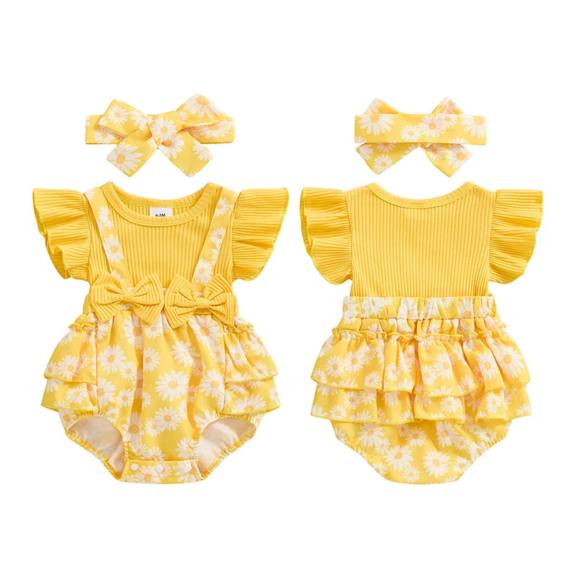 Baby Clothing Girl Outfits Floral Print Ribbed Fly Sleeve Bowknot Patchwork Layered Jumpsuits Headband Newborn Clothes