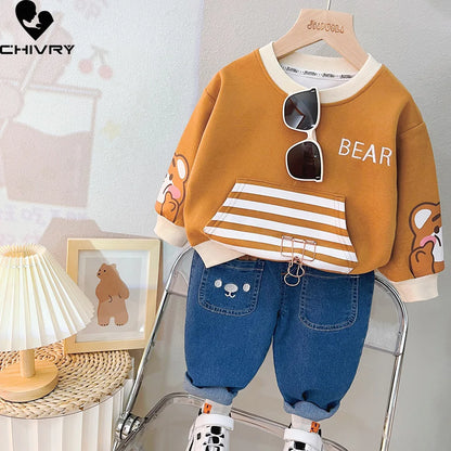 Adorable 2023 Children's Cartoon Bear Striped Sweatshirt and Denim Pants Outfit Set for Boys and Girls