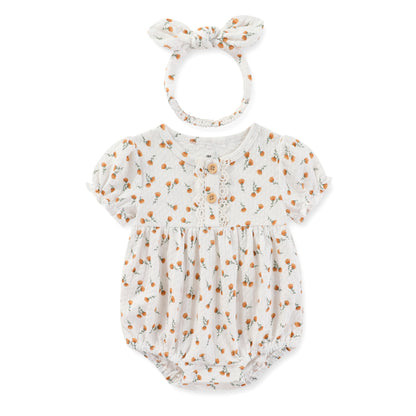 Summer Cotton Bodysuit & Headband Set for Newborn Baby Girls - 0-24 Months Solid Color Jumpsuit