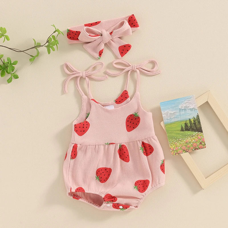 Adorable Baby Girl Summer Strawberry Print Romper and Headband Set - Cute Sleeveless Outfit