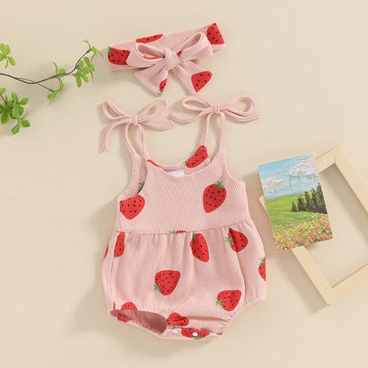 Adorable Baby Girl Summer Strawberry Print Romper and Headband Set - Cute Sleeveless Outfit