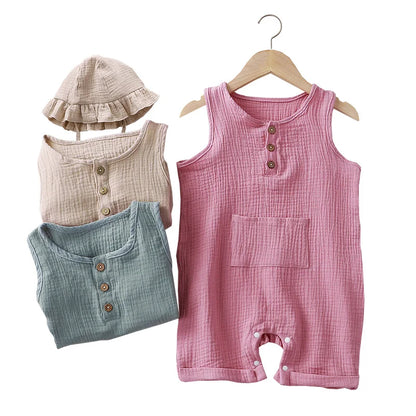 Sleeveless Summer Cotton Muslin Baby Romper with Matching Hat - Soft Toddler Overalls for Newborns and Infants