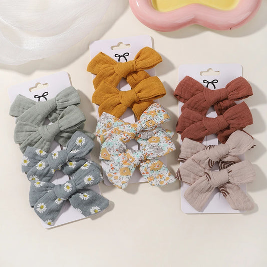 Set of 4 Handmade Muslin Hair Clips for Baby Girls - Floral Print Cotton Linen Barrettes