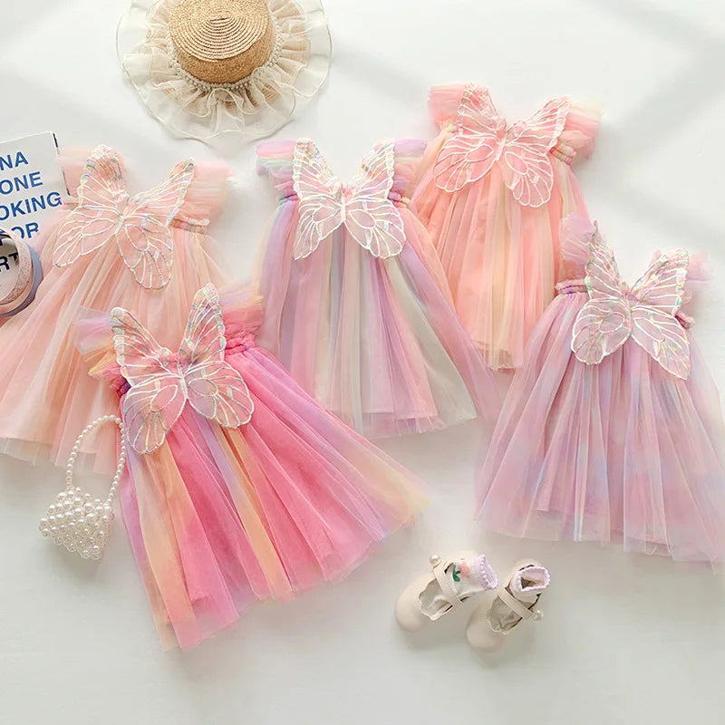 Rainbow Butterfly Sleeve Princess Dress for Girls - Cute Mesh Summer Birthday Gown