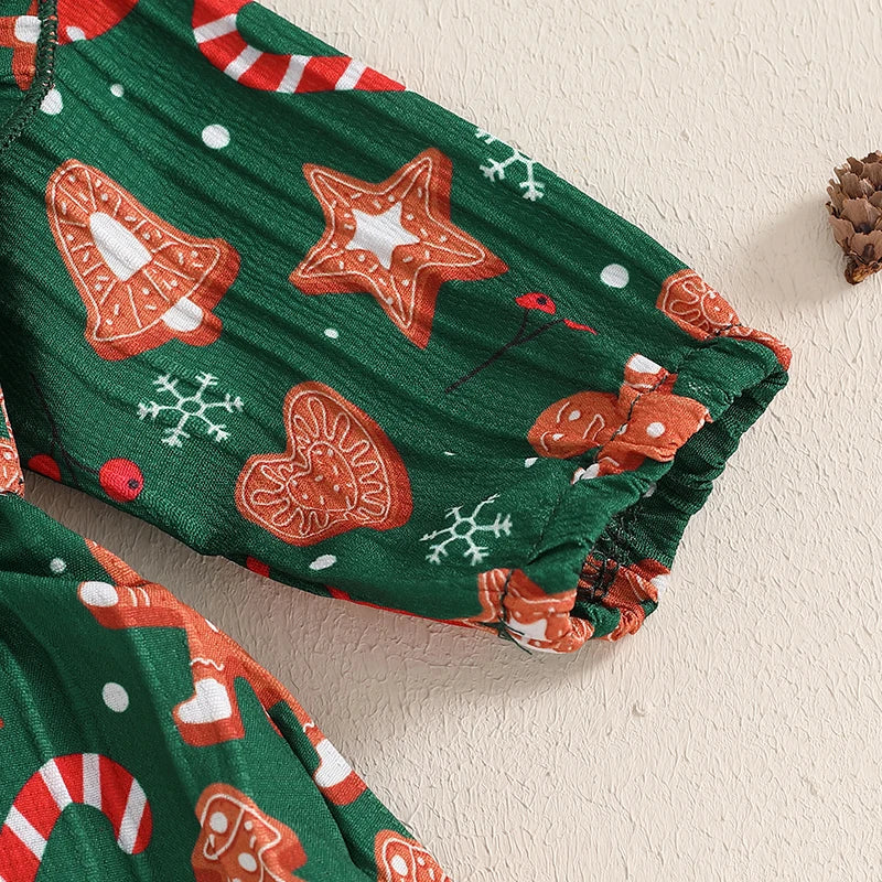 Adorable Baby Girl Christmas Rompers Dress with Gingerbread Man and Tree Print, Ruffled Skirt, and Headband for Newborns