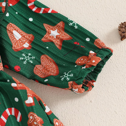 Adorable Baby Girl Christmas Rompers Dress with Gingerbread Man and Tree Print, Ruffled Skirt, and Headband for Newborns