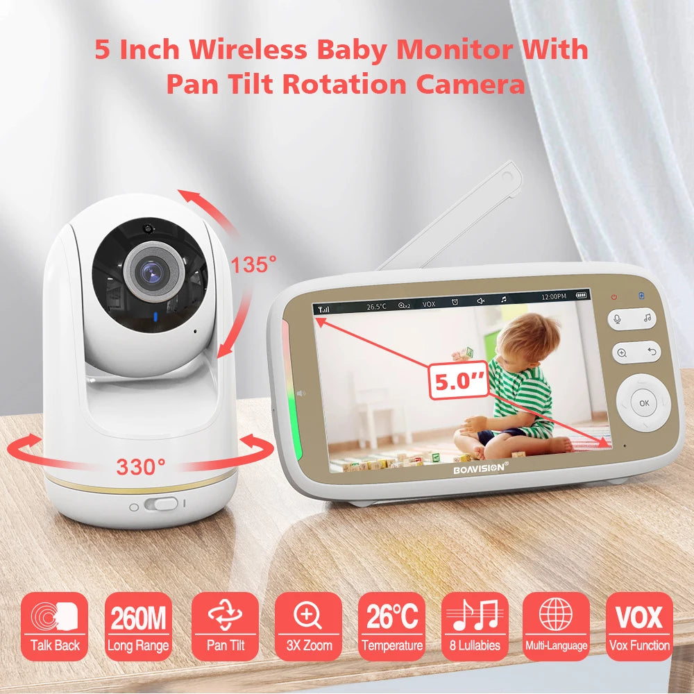 VB803 5-Inch Baby Monitor with 720P HD Display, 330° Pan & 135° Tilt, 3X Zoom, Two-Way Audio, Night Vision, and Lullaby Function