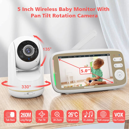 VB803 5-Inch Baby Monitor with 720P HD Display, 330° Pan & 135° Tilt, 3X Zoom, Two-Way Audio, Night Vision, and Lullaby Function