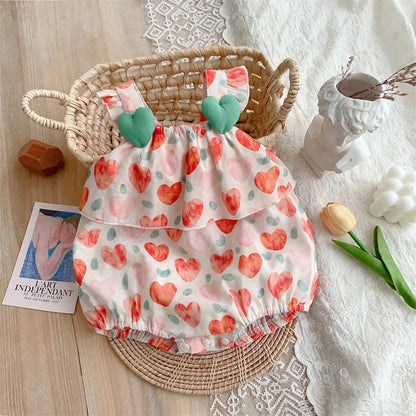 Summer Girls' Heart Print Sleeveless Romper Jumpsuit - Breathable Cotton-Polyester Blend Toddler Outfit