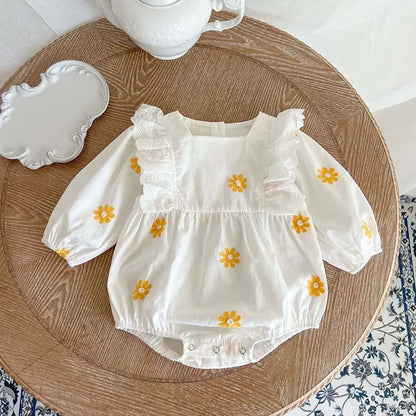 Adorable Daisy Embroidered Long Sleeve Girls Romper - 2024 Spring Toddler Jumpsuit for Infants 0-2T