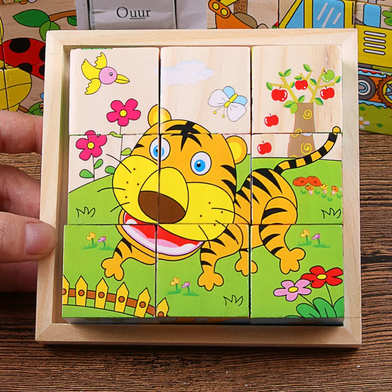 Colorful Wooden Animal and Fruit Puzzle Blocks for Early Learning and Development in Children