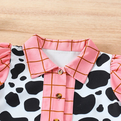 Toddler Girls Summer Outfit Set: Short Sleeve Cow Print Top with Denim Skirt