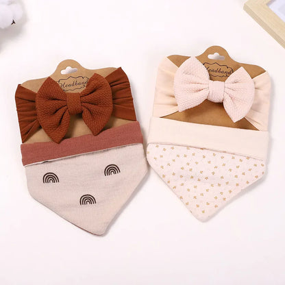 Toddler Ruffled Edge Turban Set with Big Bow - 2Pcs Solid Color Headbands for Newborns and Toddlers