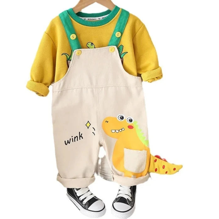 Adorable 2023 Autumn Baby Boys Cartoon Dinosaur Long Sleeve Rompers and Sweatshirt Set