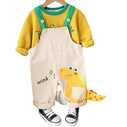 Adorable 2023 Autumn Baby Boys Cartoon Dinosaur Long Sleeve Rompers and Sweatshirt Set