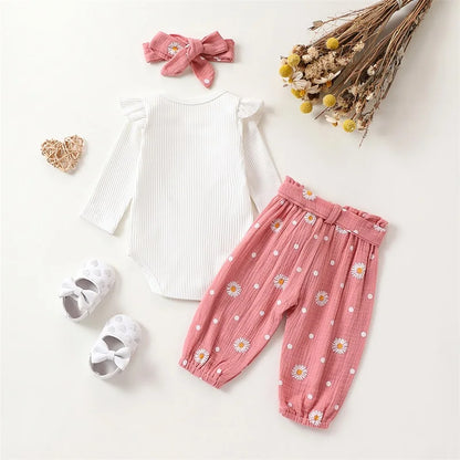 Adorable Baby Girl Autumn 3-Piece Cotton Outfits Set with Floral Romper, Pants, and Headband
