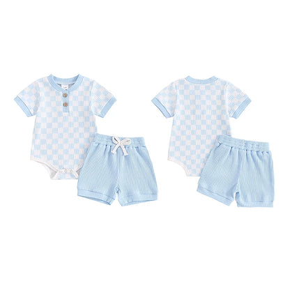 Trendy Baby Boys Summer Ribbed Checkerboard Bodysuit and Shorts Set (0-18 Months)