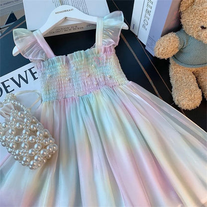 Rainbow Butterfly Wing Mesh Dress for Girls - Sweet Summer Birthday Party Princess Attire