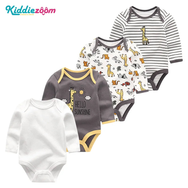 Unisex Cartoon Print 4-Piece 100% Cotton Baby Clothing Set for Newborns - Long Sleeve Autumn & Spring Styles