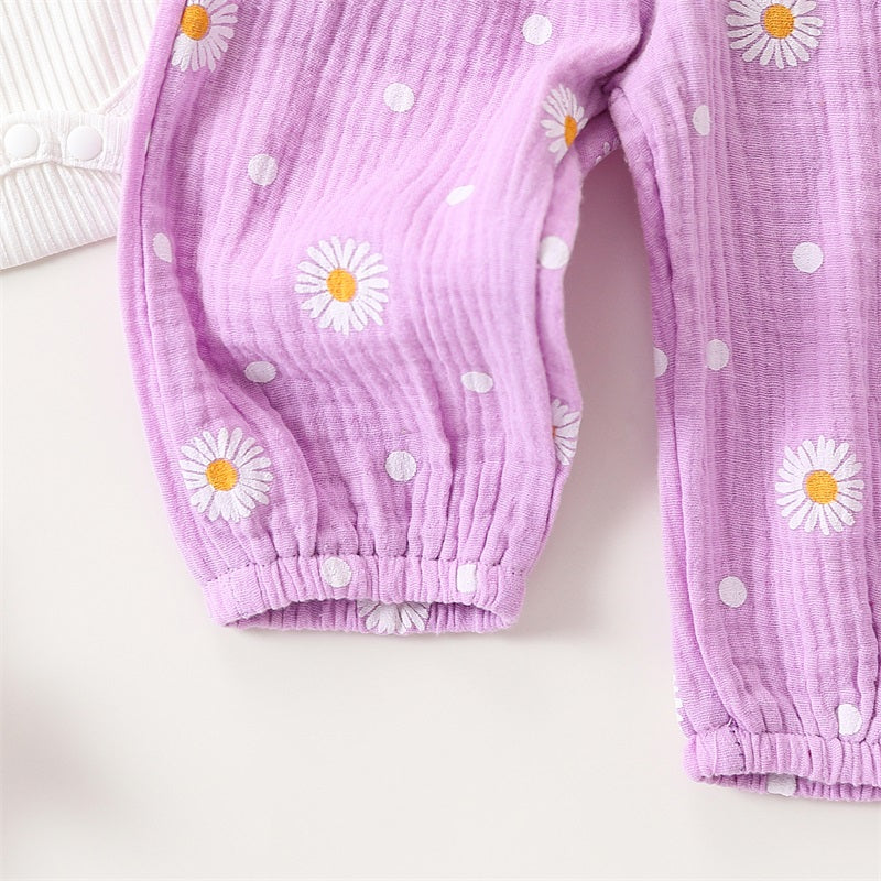 Adorable Baby Girl Autumn 3-Piece Cotton Outfits Set with Floral Romper, Pants, and Headband