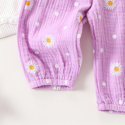 Adorable Baby Girl Autumn 3-Piece Cotton Outfits Set with Floral Romper, Pants, and Headband