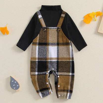 Unisex Baby Plaid Jumpsuit with Turtle Neck and Long Sleeves - Fall Overall Romper for Newborns