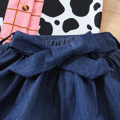 Toddler Girls Summer Outfit Set: Short Sleeve Cow Print Top with Denim Skirt