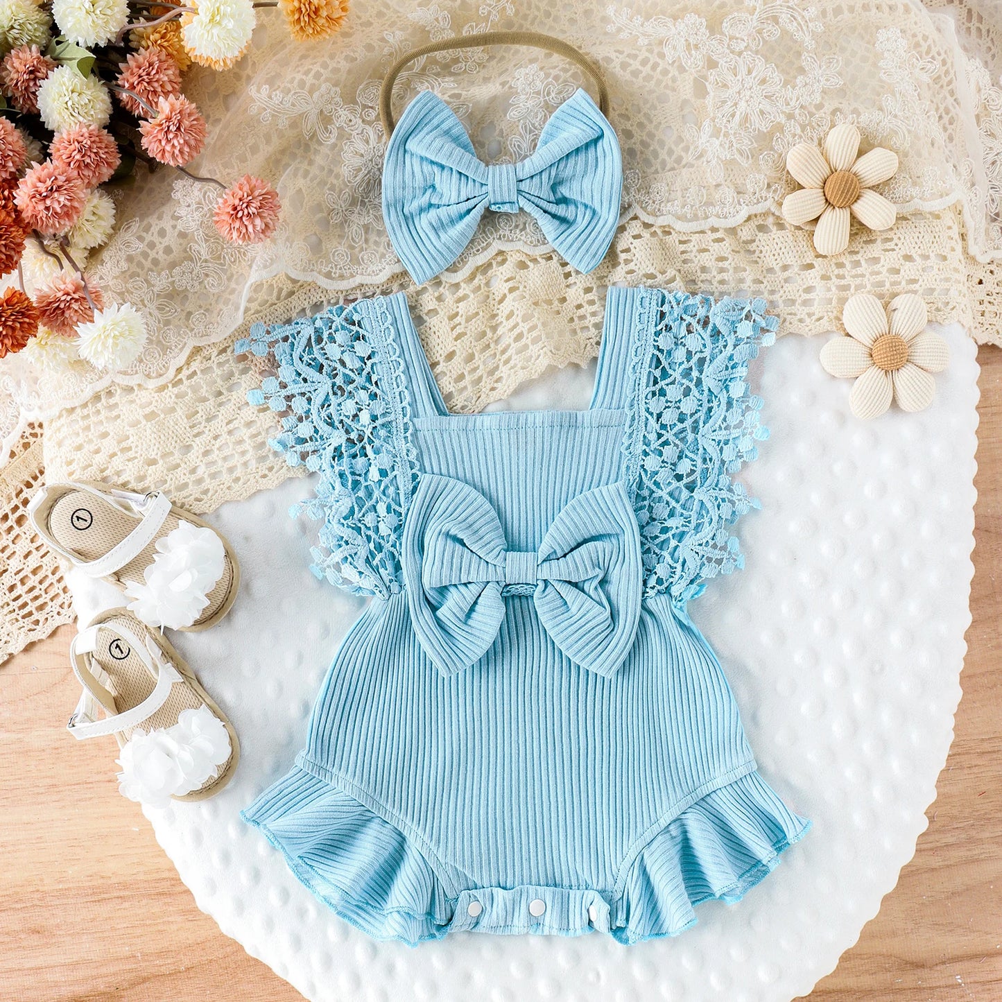 Toddler Girls Summer Lace Crochet Romper Set with Bow Headband - Cute Infant Outfit
