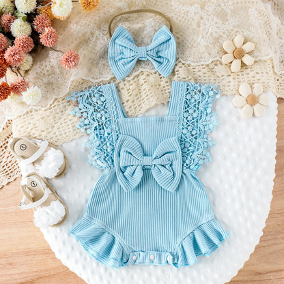 Toddler Girls Summer Lace Crochet Romper Set with Bow Headband - Cute Infant Outfit