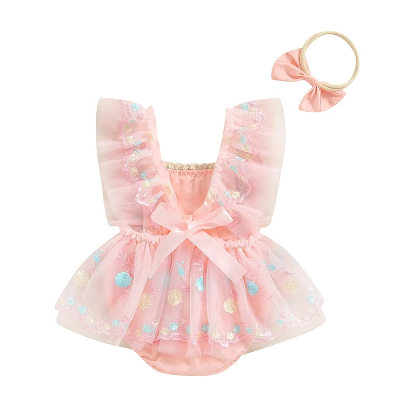 Adorable Summer Baby Girl Floral Embroidery Romper Dress with Headband - Princess Mesh Jumpsuit for Infants
