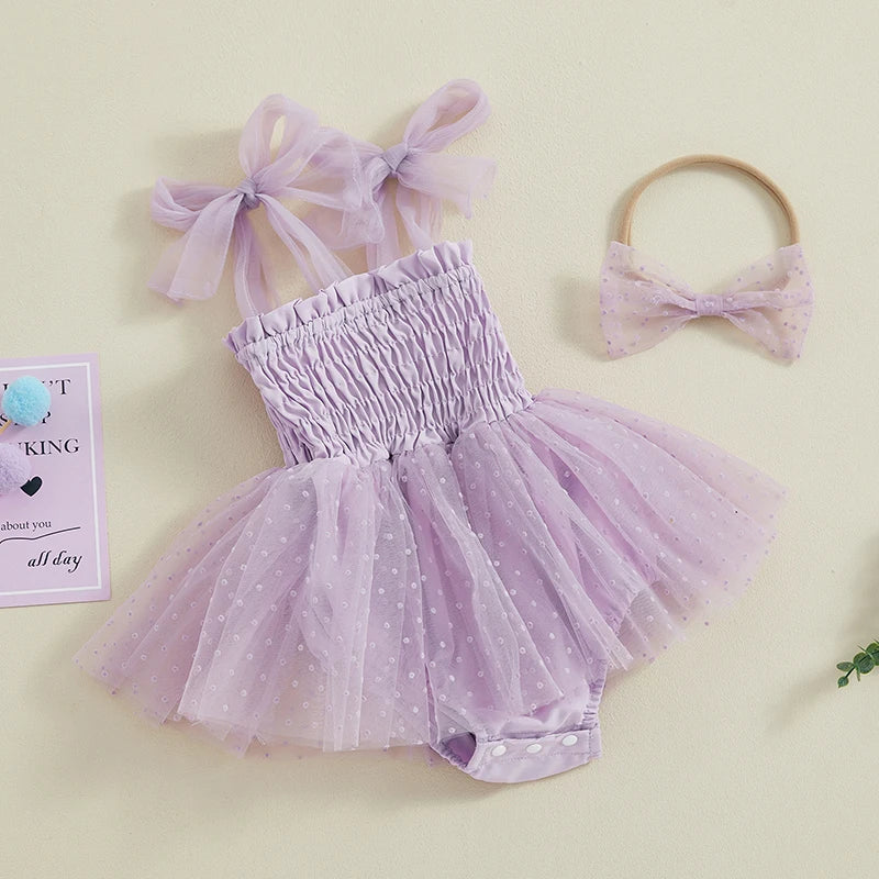 Adorable Baby Girl Summer 2-Piece Outfit Set: Sleeveless Smocked Romper Dress with Matching Headband