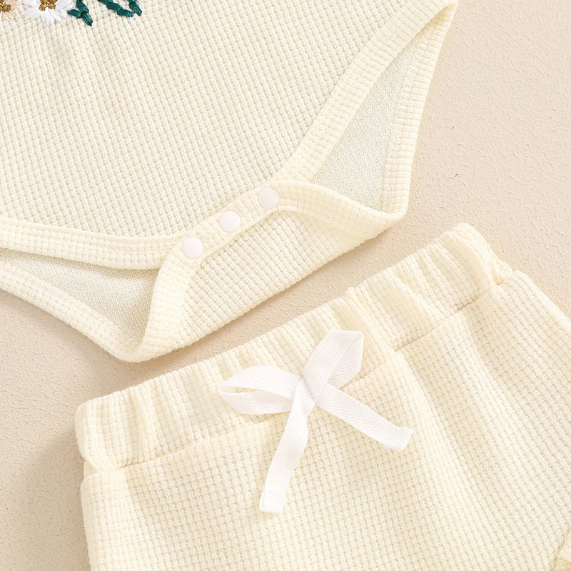 3-Piece Summer Outfit Set for Baby Girls - Waffle Flower Embroidered Sleeveless Romper, Ruffle Shorts, and Headband