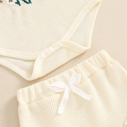 3-Piece Summer Outfit Set for Baby Girls - Waffle Flower Embroidered Sleeveless Romper, Ruffle Shorts, and Headband