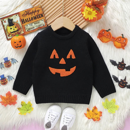 Unisex Toddler Halloween Knit Sweater featuring Witch and Pumpkin Design