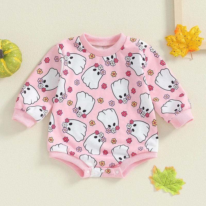Adorable Baby Girls Halloween Long Sleeve Romper with Witch, Pumpkin, and Skull Floral Print
