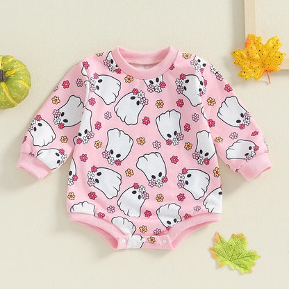 Adorable Baby Girls Halloween Long Sleeve Romper with Witch, Pumpkin, and Skull Floral Print