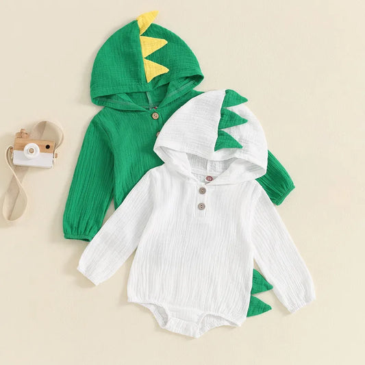 Adorable Unisex Dinosaur Hooded Bodysuit for Newborns - Autumn Casual Long Sleeve Jumpsuit with Serrated Edge Design