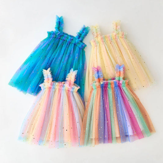 Summer Rainbow Gradient Stars Sling Dress for Toddler Girls - Cute Mesh Birthday Outfit