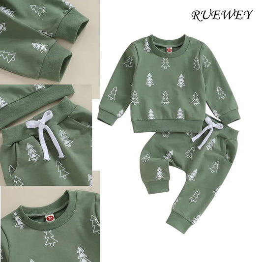 RUEWEY Baby Boy Christmas Outfit Set with Tree Print Long Sleeve Sweatshirt and Pants for Festive Fun