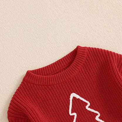 Toddler Unisex Christmas Tree Embroidered Sweater - Long Sleeve Crew Neck Pullover for Kids