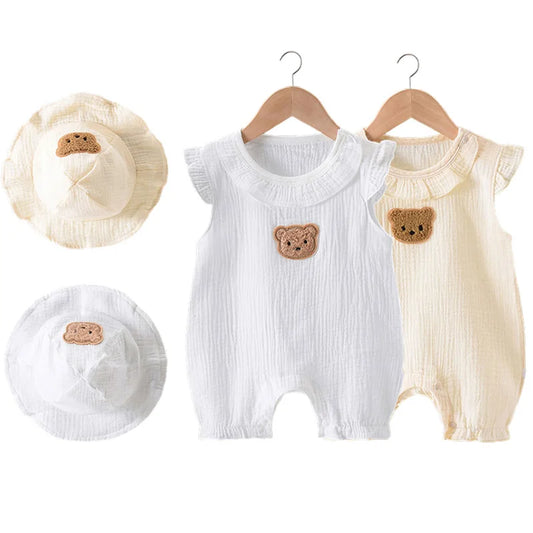 Summer Baby Cartoon Bear Romper and Hat Set for Boys and Girls - 0-24 Months Muslin Jumpsuit with Flying Sleeves